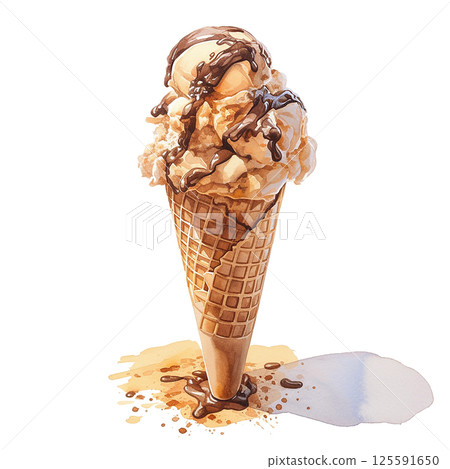 Delicious ice cream cone topped with chocolate syrup and vanilla scoop ready for enjoyment in warm sunlight 125591650