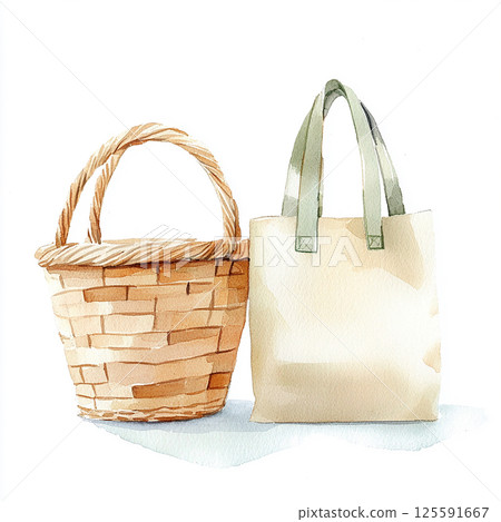 Handcrafted wicker and fabric bags displayed together in a bright setting 125591667
