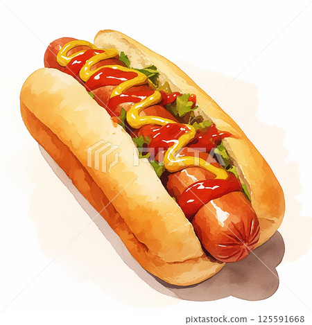 Enjoying a tasty hot dog topped with mustard, ketchup, and relish on a sunny day at a picnic or backyard gathering 125591668