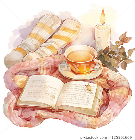 Cozy reading nook with a warm cup of tea, an open book, and a lit candle during a serene afternoon 125591669