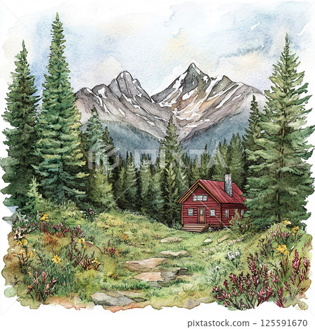 Beautiful red cabin by the serene lake with mountains in the background during a calm day 125591670