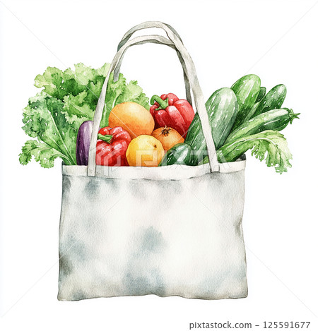 Fresh vegetables and fruits in a tote bag ready for a healthy meal at home 125591677