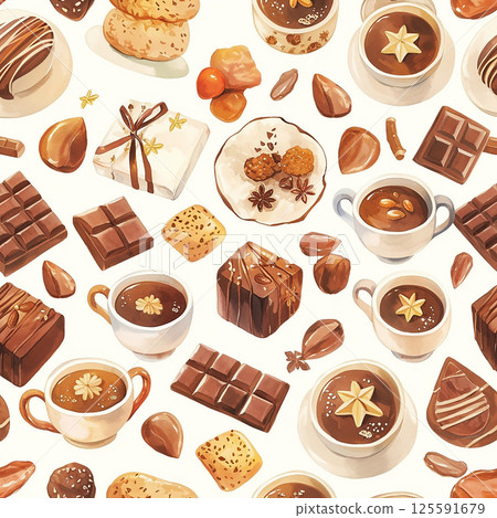 Exquisite variety of chocolates and hot beverages arranged on a light background showcasing a delightful culinary collection 125591679