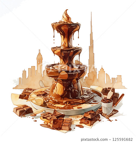Chocolate fountain displays a cascade of rich chocolate and caramel at a dessert event featuring gourmet treats and city skyline at dusk 125591682