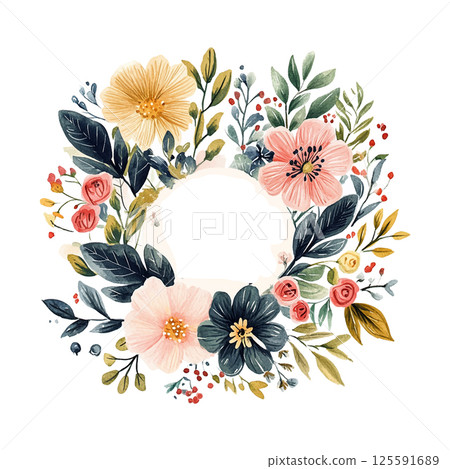 Colorful floral wreath design featuring various flowers and green leaves on a white background Colorful floral wreath design featuring various flowers and green leaves on a white background 125591689