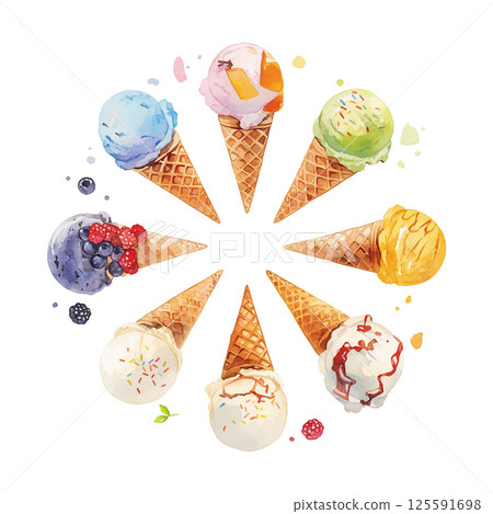 Colorful ice cream cones arranged in a circular pattern showcasing various flavors and toppings in a bright setting 125591698