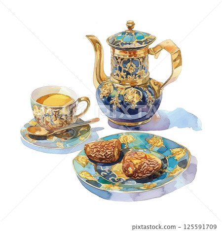 Exquisite tea set featuring ornate pot, cup, and treats on decorative plates in a refined dining setting Exquisite tea set featuring ornate pot, cup, and treats on decorative plates in a refined dining setting 125591709