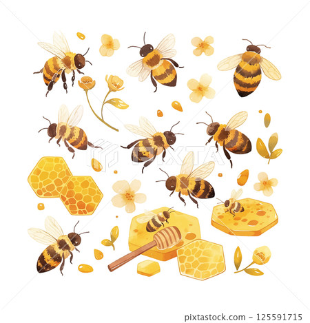 Colorful illustration of bees collecting nectar and producing honey with flowers and honeycomb in a vibrant garden setting 125591715