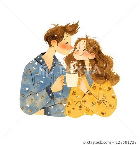 Cozy couple sharing hot drinks in warm pajamas during a chilly morning at home 125591722