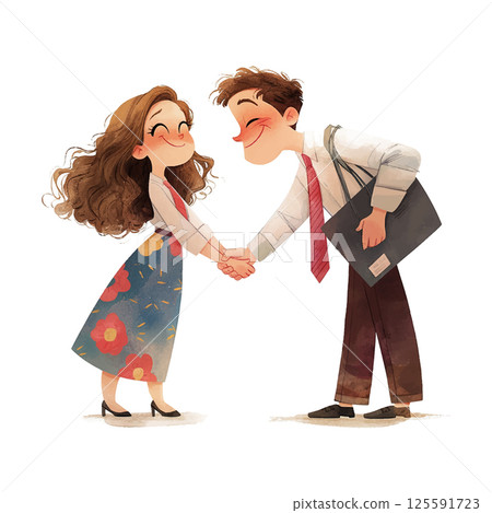 Friendly handshake between a couple in a professional setting during a sunny day 125591723