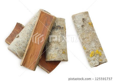 piece of aspen bark isolated on white background. Top view, flat lay 125591737