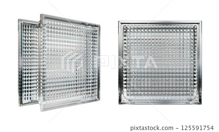 Transparent glass block for interior design. Aesthetic and modern shape of textured.  Building assortment for home, bathroom and office. 3D render 125591754