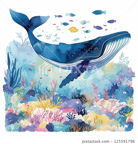 Colorful underwater scene with a majestic whale swimming through vibrant coral reefs and tropical fish in a tranquil ocean environment Colorful underwater scene with a majestic whale swimming through vibrant coral reefs and tropical fish in a tranquil ocean environment 125591796