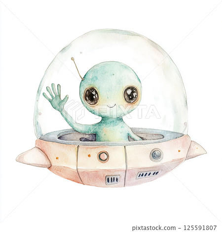 Cute alien character joyfully flying a colorful spaceship in a whimsical outer space setting with stars 125591807