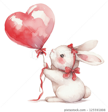 Cute bunny holding a heart-shaped balloon and displaying affection 125591808