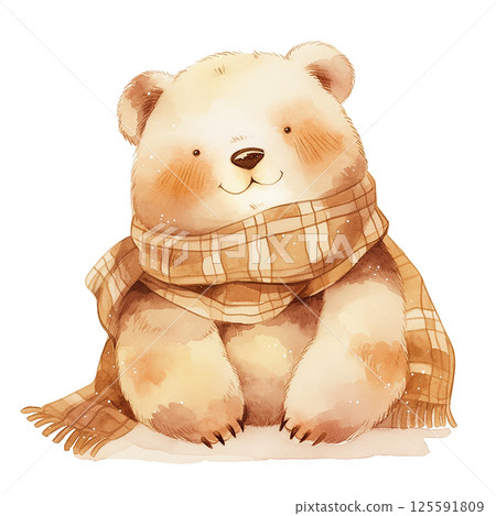 Cute bear character smiling with a scarf in a cozy illustration during wintertime 125591809