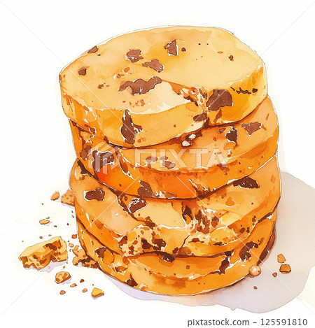 Deliciously baked chocolate chip cookies stacked high showcasing their golden brown color and tempting chocolate bits 125591810