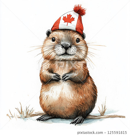 Cute Canadian marmot wearing a red hat with maple leaf designs standing upright in a joyful pose Cute Canadian marmot wearing a red hat with maple leaf designs standing upright in a joyful pose 125591815