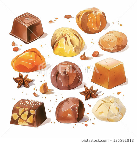 Chocolates displayed artistically on a white background showcasing various shapes and fillings made with high-quality ingredients 125591818