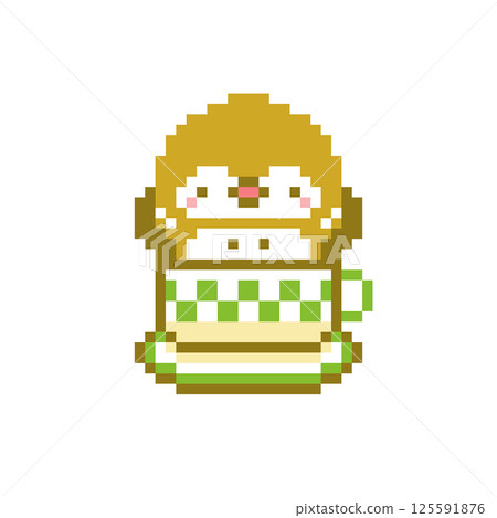 像素化的圖片，上面有一隻綠色咖啡杯和一隻歡呼的貓頭鷹 125591876