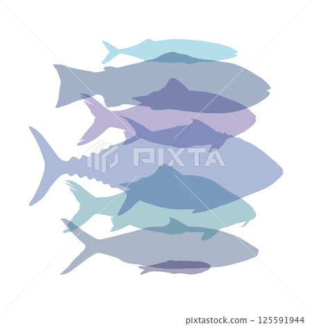 Vector illustration of fish silhouettes in blue and purple. Simple abstract shapes of tuna, herring, and trout swimming in one direction. For seafood designs, marine decor, and nature themed prints Vector illustration of fish silhouettes in blue and purple. Simple abstract shapes of tuna, herring, and trout swimming in one direction. For seafood designs, marine decor, and nature themed prints 125591944
