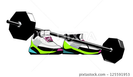 Sports equipment with a row of sneakers and a barbell. Sports equipment with a row of sneakers and a barbell. 125591953