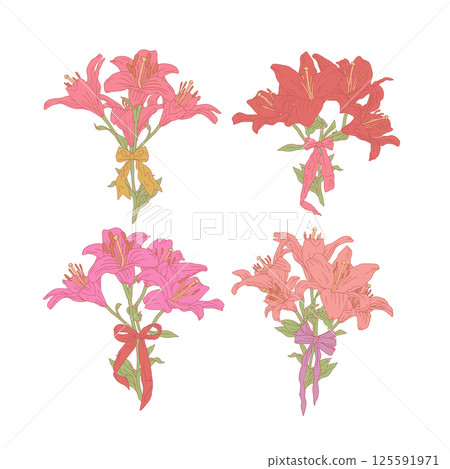 Hand drawn line art colorful lilies beautiful romantic bouquets set with cute bow knots 125591971