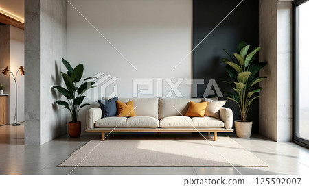 Scandinavian living room with beige sectional sofa and natural light 125592007