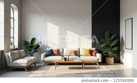 Scandinavian living room with beige sectional sofa and natural light 125592008