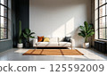 Scandinavian living room with beige sectional sofa and natural light 125592009