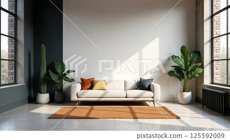 Scandinavian living room with beige sectional sofa and natural light 125592009