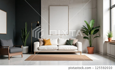 Scandinavian living room with beige sectional sofa and natural light 125592010