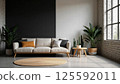 Scandinavian living room with beige sectional sofa and natural light 125592011