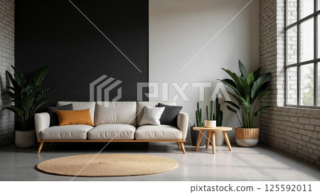 Scandinavian living room with beige sectional sofa and natural light 125592011