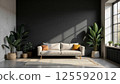 Modern living room interior with white sofa, black wall and indoor plants 125592012