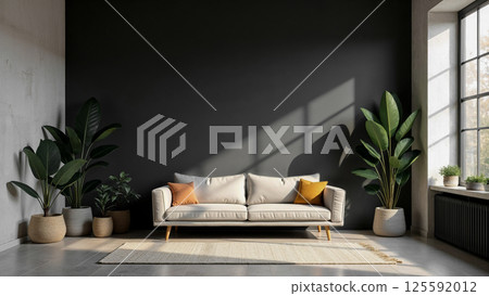 Modern living room interior with white sofa, black wall and indoor plants 125592012