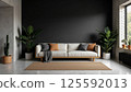 Modern living room interior with white sofa, black wall and indoor plants 125592013