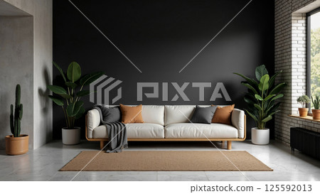 Modern living room interior with white sofa, black wall and indoor plants 125592013