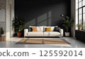 Modern living room interior with white sofa, black wall and indoor plants 125592014