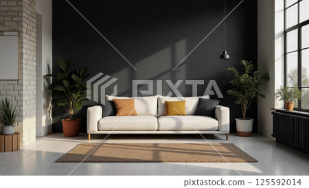 Modern living room interior with white sofa, black wall and indoor plants 125592014