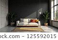 Modern living room interior with white sofa, black wall and indoor plants 125592015