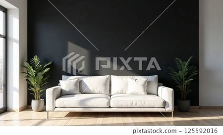 Modern living room interior with white sofa, black wall and indoor plants 125592016