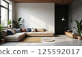 Scandinavian living room with beige sectional sofa and natural light 125592017