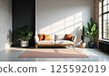 Scandinavian living room with beige sectional sofa and natural light 125592019