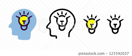 Human head with glowing light bulb, creative ideas, graphic design. Innovative thoughts, groundbreaking discoveries and advanced technology, vector design and illustration 125592037