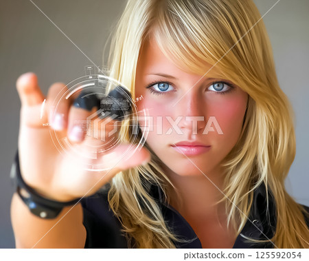 一位年輕女子掌控全像圖的圖像 125592054