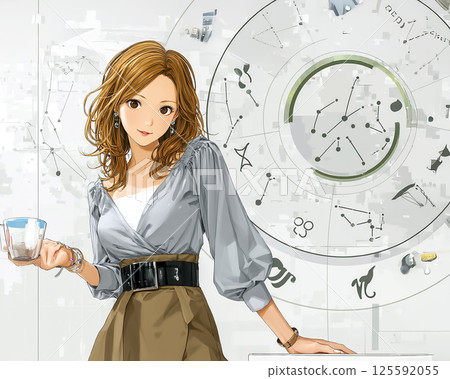 一位年輕女子手持塔羅牌，站在流行星座背景前的圖片 125592055