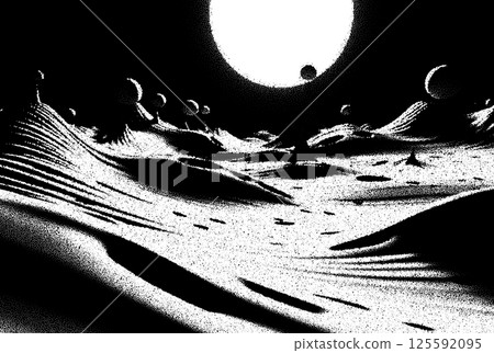 Alien planet landscape in retro dotwork style. Planets and satellites over unknown planet in space. Sci-fi world landscape beyond our galaxy. 125592095
