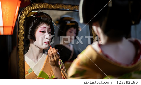 Geisha Applying Makeup in a Gilded Mirror, Kyoto Vanishing Art Form, red lipstick Geisha Applying Makeup in a Gilded Mirror, Kyoto Vanishing Art Form, red lipstick 125592169