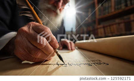 Jewish Rabbi Handwriting a Torah Scroll in a Sunlit Study, Sacred Calligraphy Jewish Rabbi Handwriting a Torah Scroll in a Sunlit Study, Sacred Calligraphy 125592171